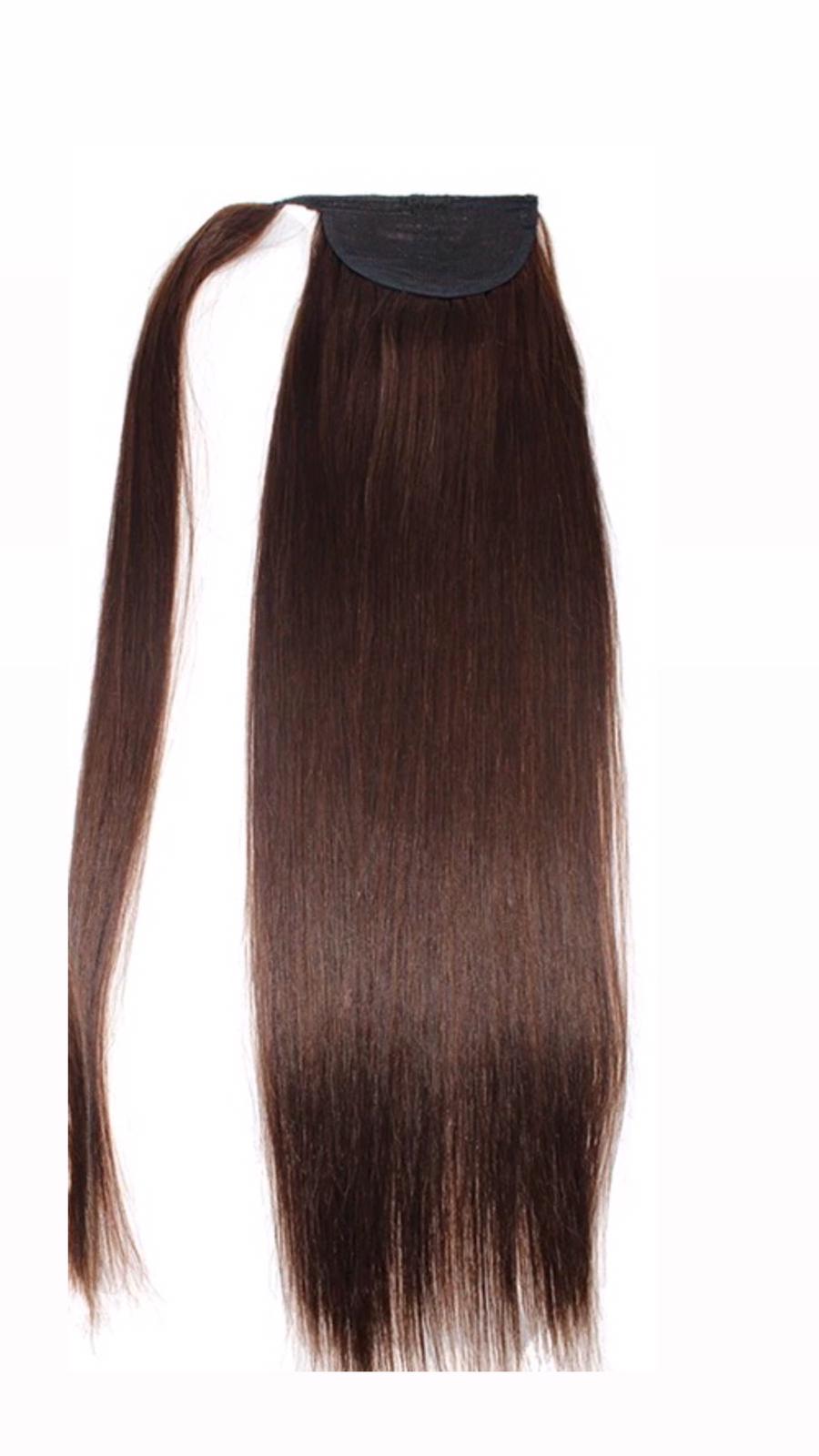 cola hecha de cabello humano, con gancho y banda ajustable para mayor facilidad de poner.